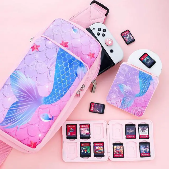 Alt view image 7 of 7 - RHOTALL Pink Travel Bag for Nintendo Switch/Lite/OLED/2 ,Large Capacity Portable Carrying Case Compatible for Chest Shoulder Accessories Storage Backpack with12 Slots Game Case,Thumb Grip Caps-fish