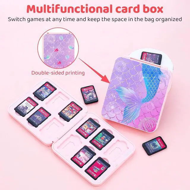 Alt view image 6 of 7 - RHOTALL Pink Travel Bag for Nintendo Switch/Lite/OLED/2 ,Large Capacity Portable Carrying Case Compatible for Chest Shoulder Accessories Storage Backpack with12 Slots Game Case,Thumb Grip Caps-fish