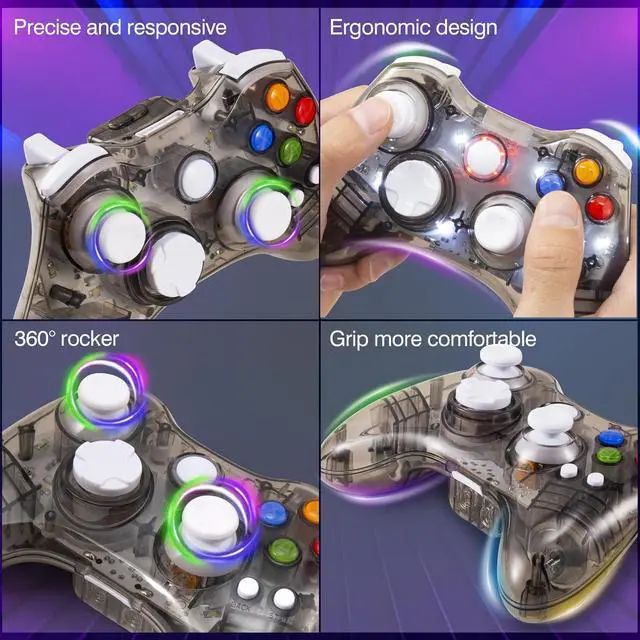 Alt view image 6 of 7 - PAWHITS Wireless Xbox 360 Controller with Cool LED, Compatible with Microsoft Xbox 360 & PC (Windows 11/10/8/7), Upgraded Joystick & Dual Vibration Gamepad with Receiver (Black)