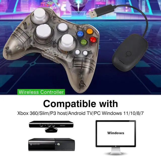 Alt view image 2 of 7 - PAWHITS Wireless Xbox 360 Controller with Cool LED, Compatible with Microsoft Xbox 360 & PC (Windows 11/10/8/7), Upgraded Joystick & Dual Vibration Gamepad with Receiver (Black)