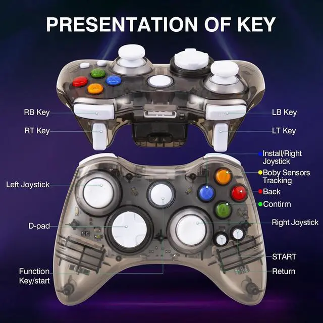 Alt view image 3 of 7 - PAWHITS Wireless Xbox 360 Controller with Cool LED, Compatible with Microsoft Xbox 360 & PC (Windows 11/10/8/7), Upgraded Joystick & Dual Vibration Gamepad with Receiver (Black)