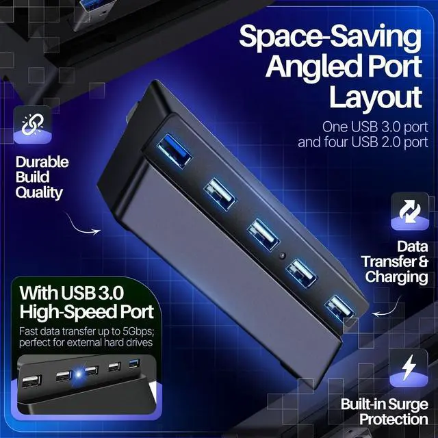 Alt view image 3 of 7 - TNP 5 Port USB Hub for PS4 Slim Edition - USB 3.0/2.0 High Speed Extender Adapter Accessories Expansion Hub Connector Splitter Expander for PlayStation 4 Slim Gaming Console (for PS4 Slim ONLY)