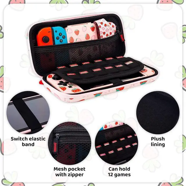 Alt view image 2 of 7 - RHOTALL Cute Strawberry Carrying Case for Nintendo Switch, Hard Portable Travel Case for Switch Accessories with Protective Shell, Shoulder Strap, Game Card Case, Screen Protector and 2 Thumb Caps
