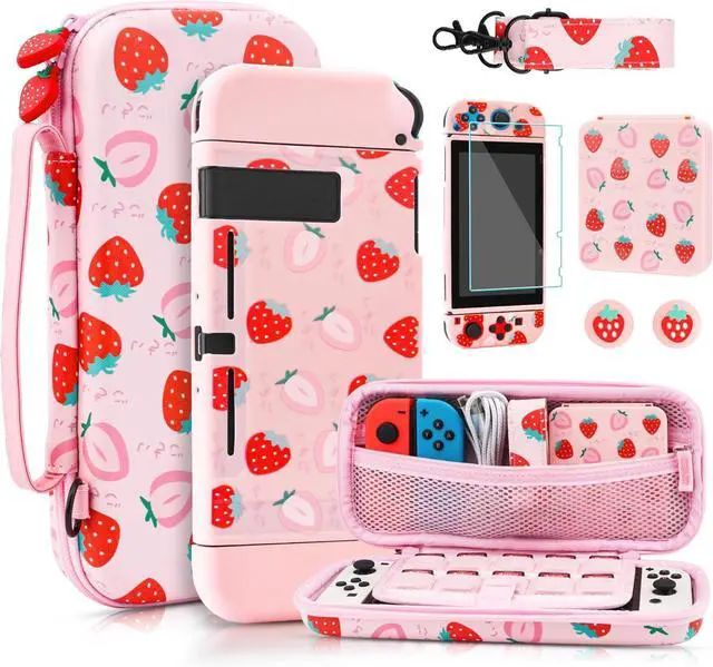 Main image of RHOTALL Cute Strawberry Carrying Case for Nintendo Switch, Hard Portable Travel Case for Switch Accessories with Protective Shell, Shoulder Strap, Game Card Case, Screen Protector and 2 Thumb Caps