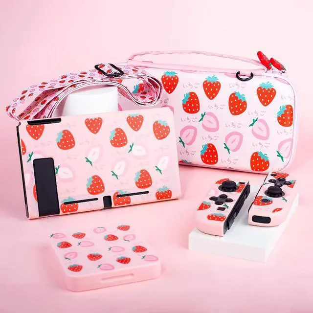 Alt view image 7 of 7 - RHOTALL Cute Strawberry Carrying Case for Nintendo Switch, Hard Portable Travel Case for Switch Accessories with Protective Shell, Shoulder Strap, Game Card Case, Screen Protector and 2 Thumb Caps