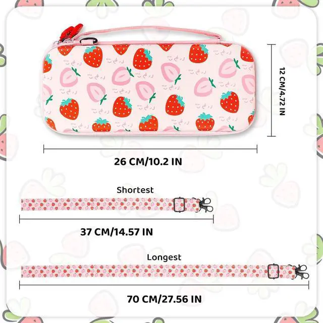 Alt view image 3 of 7 - RHOTALL Cute Strawberry Carrying Case for Nintendo Switch, Hard Portable Travel Case for Switch Accessories with Protective Shell, Shoulder Strap, Game Card Case, Screen Protector and 2 Thumb Caps