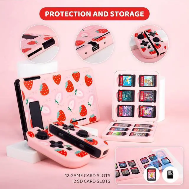 Alt view image 4 of 7 - RHOTALL Cute Strawberry Carrying Case for Nintendo Switch, Hard Portable Travel Case for Switch Accessories with Protective Shell, Shoulder Strap, Game Card Case, Screen Protector and 2 Thumb Caps
