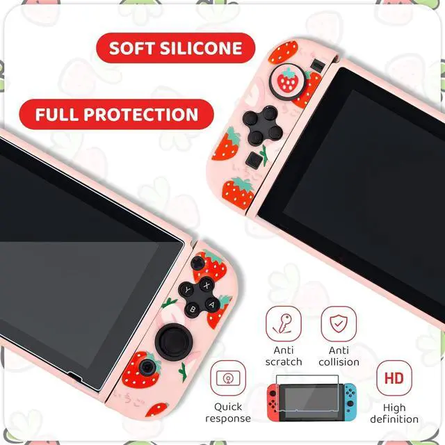 Alt view image 5 of 7 - RHOTALL Cute Strawberry Carrying Case for Nintendo Switch, Hard Portable Travel Case for Switch Accessories with Protective Shell, Shoulder Strap, Game Card Case, Screen Protector and 2 Thumb Caps