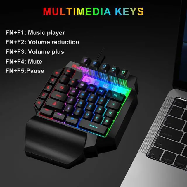 Alt view image 3 of 7 - One Hand RGB Gaming Keyboard,USB Wired Rainbow Letters Glow Single Hand Keyboard with Wrist Rest Support Multimedia Keys, Backlit Ergonomic Mechanical Feeling Keyboard for Game