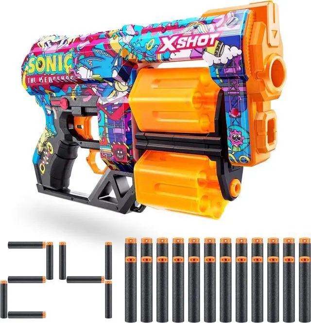 Main image of XSHOT Skins Dread Sonic Robotnik Blaster with 24 Darts - Malice Skin by ZURU, Double Rotating Barrels, Air Pocket Dart Technology, Toy Foam Blaster for Kids, Teens and Adults