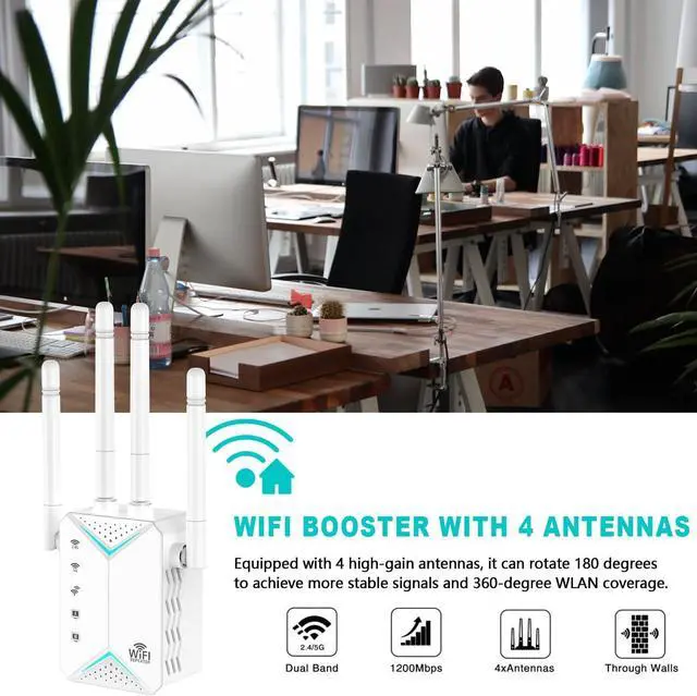 Alt view image 2 of 7 - WiFi Extender Signal Booster,WiFi Extender, 5G WiFi Booster with 1200Mbps Dual Band(Up to 12880sq. ft for 108+ Devices), WiFi Repeater with 4 Antennas 360° Coverage, WPS 1-Tap Setup & Ethernet Port