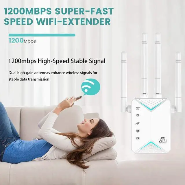 Alt view image 3 of 7 - WiFi Extender Signal Booster,WiFi Extender, 5G WiFi Booster with 1200Mbps Dual Band(Up to 12880sq. ft for 108+ Devices), WiFi Repeater with 4 Antennas 360° Coverage, WPS 1-Tap Setup & Ethernet Port