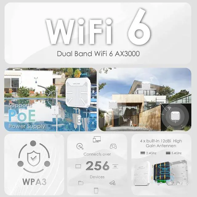 Alt view image 2 of 7 - AX3000 WiFi 6 Outdoor Access Points, IP67 Waterproo Outdoor WiFi Extender Long Range with PoE, High Power WiFi Signal Booster /3Km Coverage, Supports Up to 256 Devices for Farm Backyard, RV