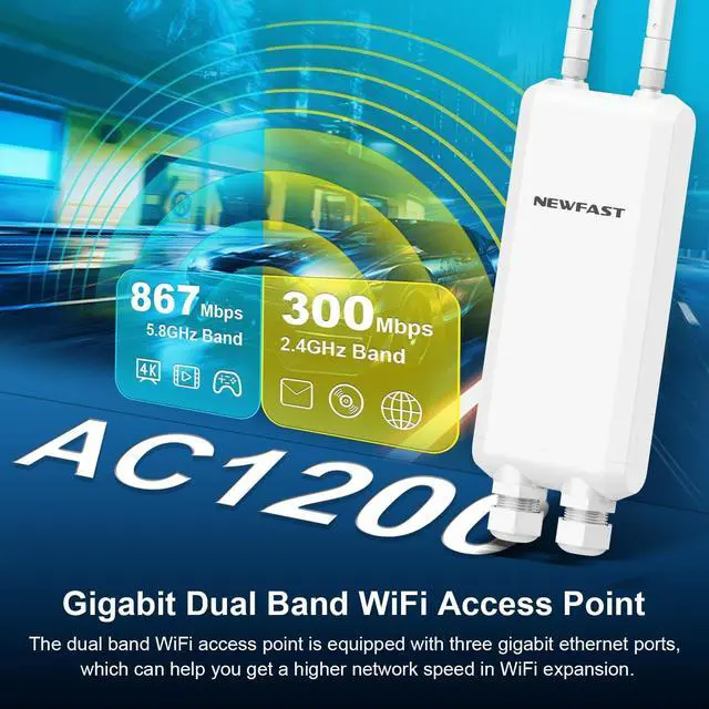 Alt view image 2 of 7 - NEWFAST AC1200 Long Range Outdoor Access Point NF-A882,IP66 Outdoor WiFi Extender with 3 Gigabit Ports,Waterproof WiFi Repeater Support Router/AP/Bridge Mode,Seamless Roaming,POE Power Supply