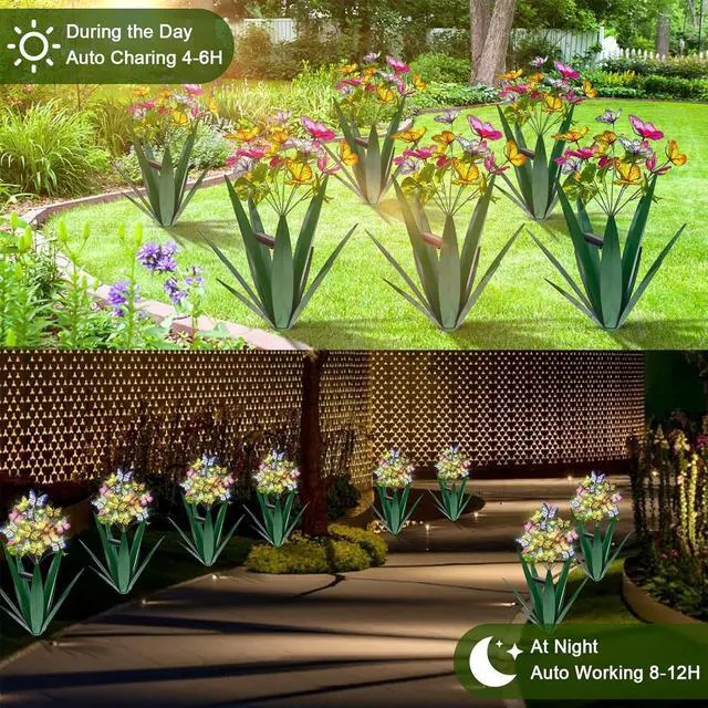 Alt view image 3 of 7 - Homight Solar Metal Agave Butterfly Flower Stick Garden Sculpture - Outdoor Gift, Christmas Lights, Swaying Butterfly Sunflower Lights - Solar Outdoor (2 pcs Green)