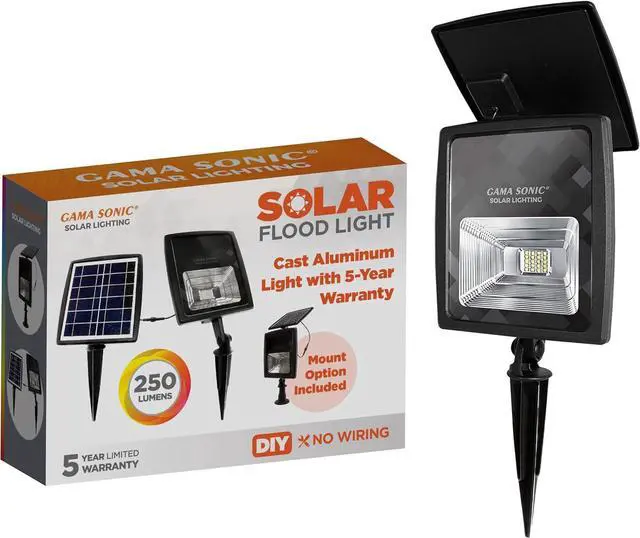 Main image of Gama Sonic Dual Color Solar Flood Light, Outdoor Black Cast Aluminum, Stake or Flat Mount Uplight for Trees, House, Landscaping, Walls with Detachable Solar Panel (203001)