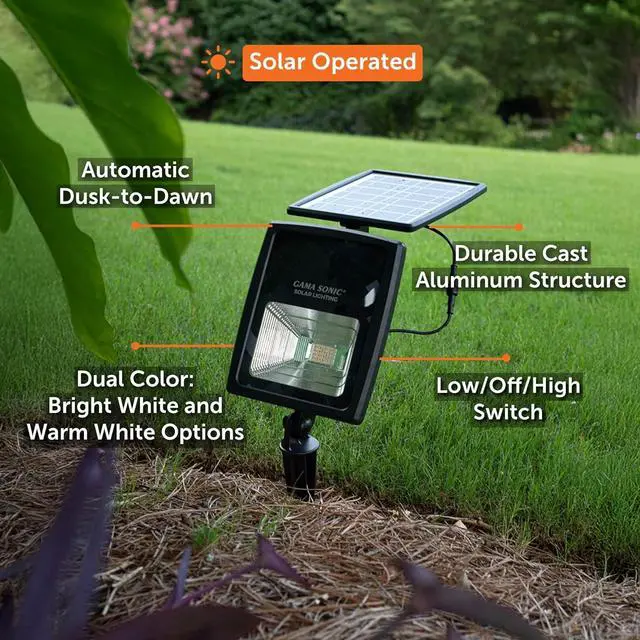 Alt view image 4 of 7 - Gama Sonic Dual Color Solar Flood Light, Outdoor Black Cast Aluminum, Stake or Flat Mount Uplight for Trees, House, Landscaping, Walls with Detachable Solar Panel (203001)