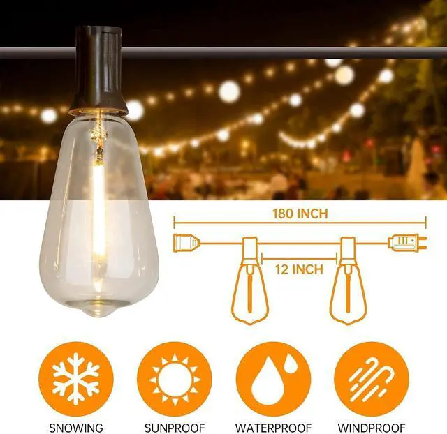 Alt view image 5 of 7 - Vanthylit Outdoor String Lights, 15 FT Patio String Lights with LED Filament Bulb Waterproof Lights Retro Vintage Edison Bulbs for Backyard Patio Bistro Party Garden Connectable