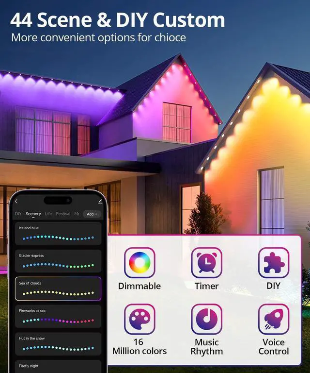 Alt view image 4 of 7 - Smart Permanent Outdoor Lights, 100ft with 72 LED RGB String Lights, IP67 Waterproof Eaves Light with 44 Scene Modes for Halloween Christmas Birthday Holiday Party, APP/Voice/Remote Control