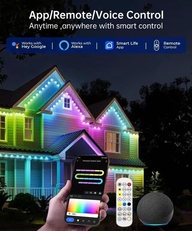 Alt view image 5 of 7 - Smart Permanent Outdoor Lights, 100ft with 72 LED RGB String Lights, IP67 Waterproof Eaves Light with 44 Scene Modes for Halloween Christmas Birthday Holiday Party, APP/Voice/Remote Control