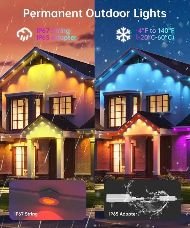 Alt view image 6 of 7 - Smart Permanent Outdoor Lights, 100ft with 72 LED RGB String Lights, IP67 Waterproof Eaves Light with 44 Scene Modes for Halloween Christmas Birthday Holiday Party, APP/Voice/Remote Control