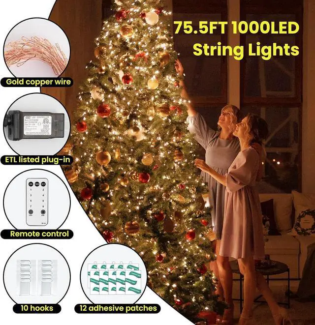 Alt view image 5 of 7 - Dailyart Fairy Lights Plug in, 1000 Led Fairy Lights with Remote 75Ft Super Long Warm with Timer Small Twinkle Light Waterproof String Light for Bedroom Outdoor Indoor,Gold Wire