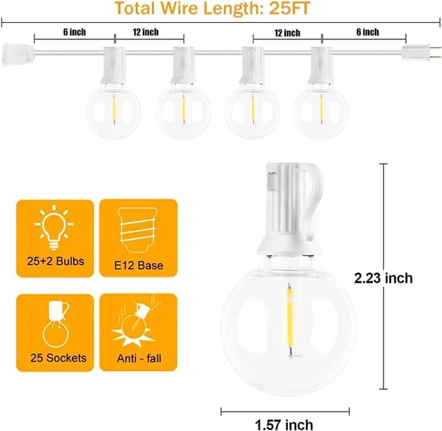 Alt view image 2 of 7 - 25Ft LED String Lights with 27 Shatterproof LED Clear Globe Bulbs, Indoor&Outdoor String Lights for Patio, Garden, Backyard, Bistro, Pergola, Tents, Gazebo Decor, White Wire