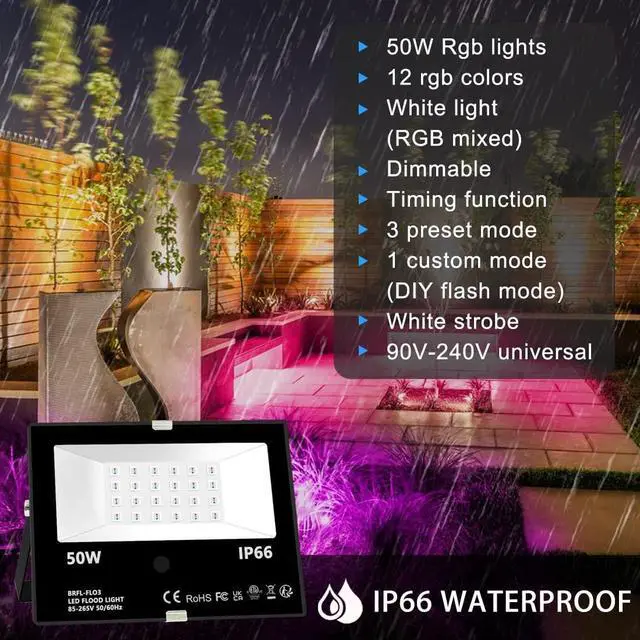 Alt view image 3 of 7 - Led Flood Light Outdoor, 50W RGB Color Changing Landscape Lighting with Remote, Timing - 12 Colors - 4 Modes, IP66 Waterproof, US 3-Plug, MELPO (Pack of 4)