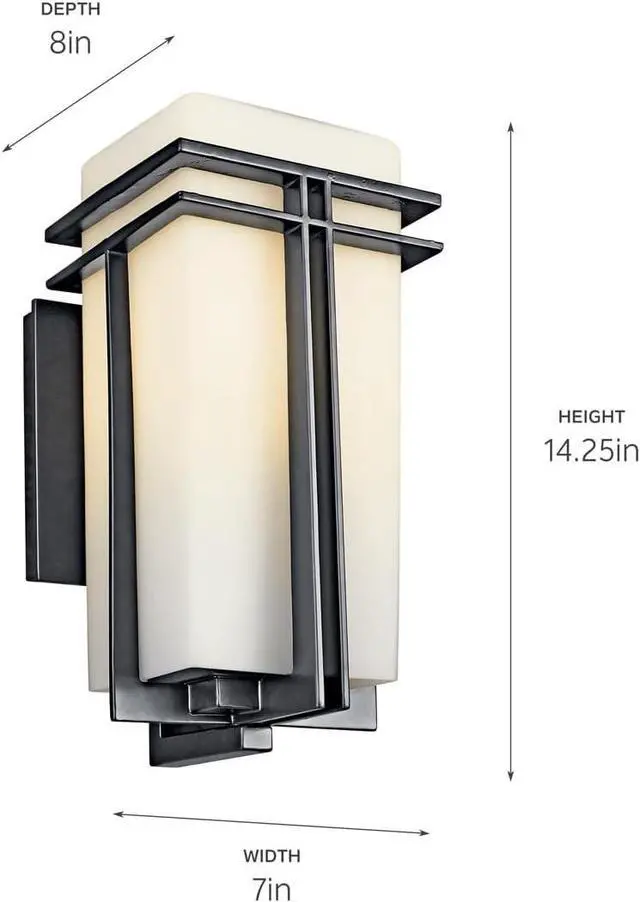 Alt view image 2 of 7 - Kichler Tremillo 14.25" Outdoor Wall Lightin Black, 1-Light Exterior Wall Sconce Porch Light with Satin Etched Cased Opal Glass, (14.25" H x 7" W), 49201BK