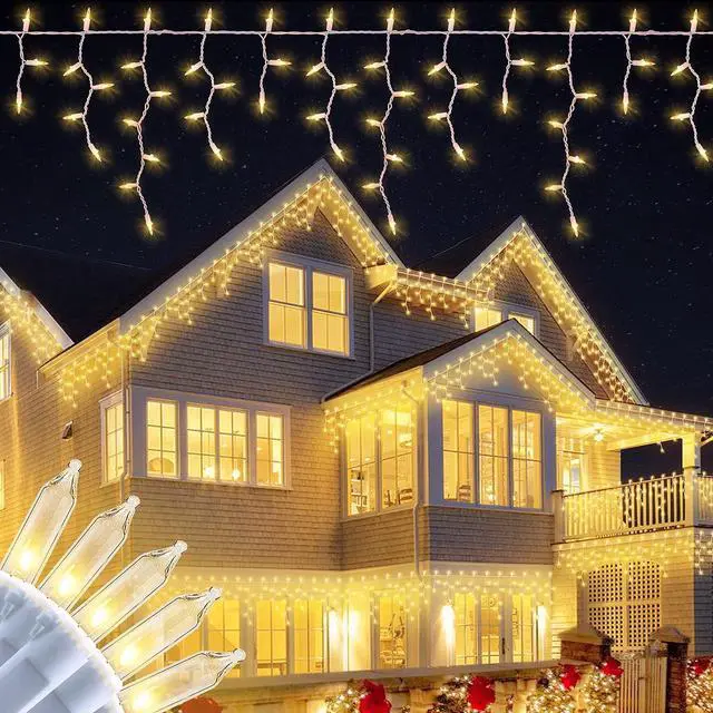 Main image of 200 Christmas Icicle Lights, Warm White Clear Bulbs with 23FT Long White Wire, Professional Grade String Lights for Indoor & Outdoor,Xmas,Party, Patio, Courtyard, Window, Fence, Trees Decor