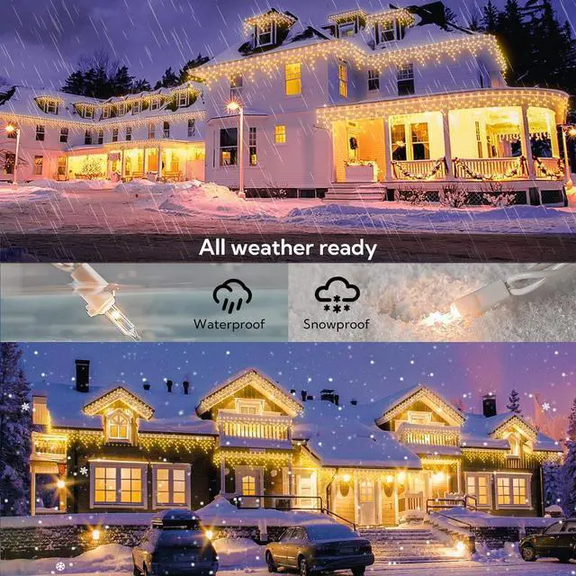 Alt view image 3 of 6 - 200 Christmas Icicle Lights, Warm White Clear Bulbs with 23FT Long White Wire, Professional Grade String Lights for Indoor & Outdoor,Xmas,Party, Patio, Courtyard, Window, Fence, Trees Decor