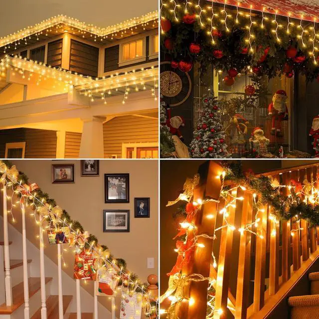 Alt view image 5 of 6 - 200 Christmas Icicle Lights, Warm White Clear Bulbs with 23FT Long White Wire, Professional Grade String Lights for Indoor & Outdoor,Xmas,Party, Patio, Courtyard, Window, Fence, Trees Decor