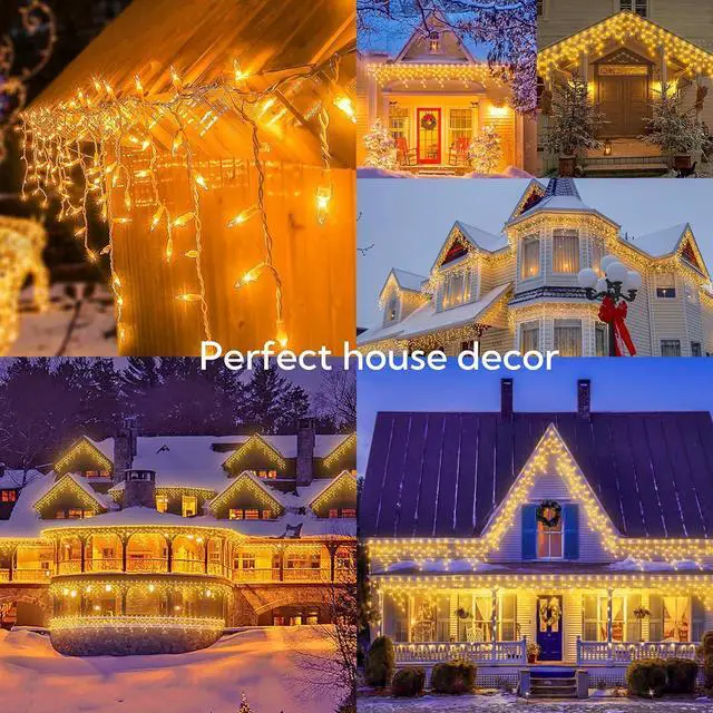 Alt view image 6 of 6 - 200 Christmas Icicle Lights, Warm White Clear Bulbs with 23FT Long White Wire, Professional Grade String Lights for Indoor & Outdoor,Xmas,Party, Patio, Courtyard, Window, Fence, Trees Decor