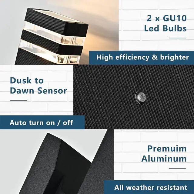 Alt view image 3 of 6 - Dusk to Dawn Sensor Outdoor Wall Light, 2 Pack Waterproof Wall Sconce, Black Exterior Up and Down Light Fixtures for Porch Patio Hallway Corridor Garage