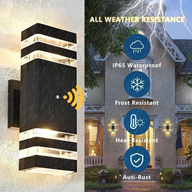 Alt view image 5 of 6 - Dusk to Dawn Sensor Outdoor Wall Light, 2 Pack Waterproof Wall Sconce, Black Exterior Up and Down Light Fixtures for Porch Patio Hallway Corridor Garage