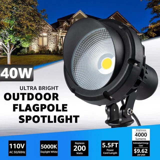 Alt view image 3 of 7 - SUNVIE LED 40W Spot Lights Outdoor 5000K Daylight White Plug in Flag Pole Light 120V Ultra Bright Landscape Spotlights for Yard House Tree Lawn Signage Outdoor Spotlight with Stake & 5.5FT Cord