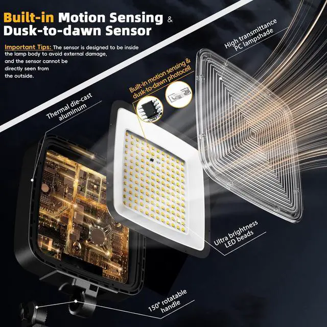 Alt view image 2 of 7 - 150W 2 Pack Motion Sensor Flood Light Outdoor, 20000LM Parking Lot Light with Dusk to Dawn Photocell, LED Barn Light 150° Adjustable Security Lights, 6500K for Garage Yard Farmhouse