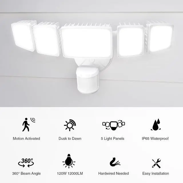 Alt view image 2 of 7 - Onforu 120W 12000LM LED Security Lights Motion Sensor Outdoor, Dusk to Dawn Flood Lighting, 5 Heads 360° Wide Angle Illumination, 6500K IP65 Waterproof Hardwired Floodlight Motion Detection (White)