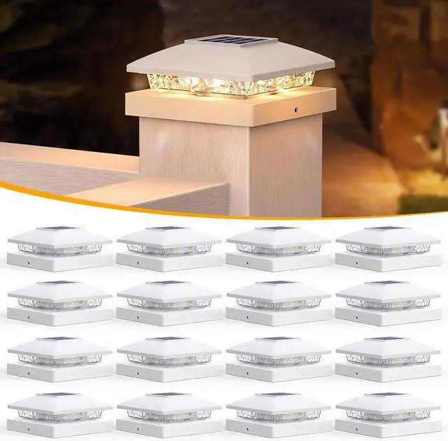 Main image of APONUO 16-Pack Solar Post Cap Lights for 4x4 & 5x5 Posts - 8 LED Warm White, IP64 Waterproof, Auto On/Off, Garden Deck Fence Patio Decor & Lights