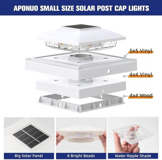 Alt view image 2 of 6 - APONUO 16-Pack Solar Post Cap Lights for 4x4 & 5x5 Posts - 8 LED Warm White, IP64 Waterproof, Auto On/Off, Garden Deck Fence Patio Decor & Lights