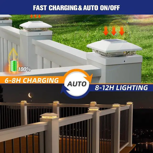 Alt view image 4 of 6 - APONUO 16-Pack Solar Post Cap Lights for 4x4 & 5x5 Posts - 8 LED Warm White, IP64 Waterproof, Auto On/Off, Garden Deck Fence Patio Decor & Lights