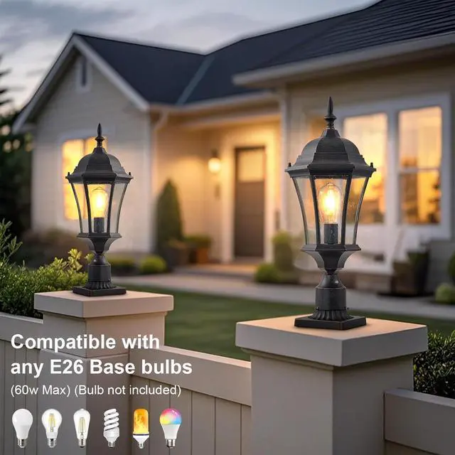 Alt view image 4 of 7 - Dusk to Dawn Post Light, 24" High Outdoor Lamp Post Light Fixture with Pier Mount for Porch, Large Exterior Waterproof Post Lantern with Seeded Glass, 2 Pack, LMMS4610-M-2P