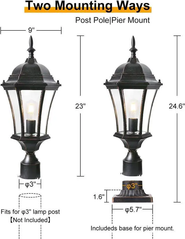 Alt view image 6 of 7 - Dusk to Dawn Post Light, 24" High Outdoor Lamp Post Light Fixture with Pier Mount for Porch, Large Exterior Waterproof Post Lantern with Seeded Glass, 2 Pack, LMMS4610-M-2P