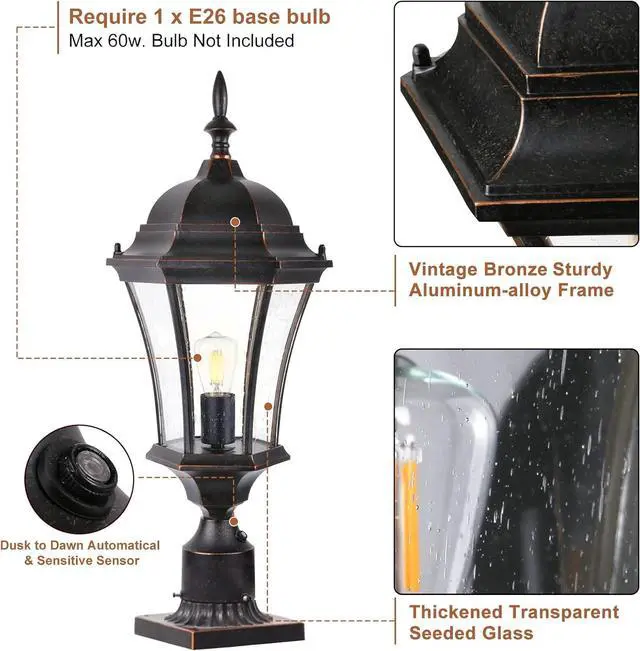 Alt view image 7 of 7 - Dusk to Dawn Post Light, 24" High Outdoor Lamp Post Light Fixture with Pier Mount for Porch, Large Exterior Waterproof Post Lantern with Seeded Glass, 2 Pack, LMMS4610-M-2P