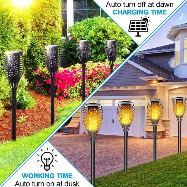 Alt view image 2 of 7 - Large Size Solar Torch Light with Flickering Flame, Realistic Fire Effect Garden Lights Outdoor, IP65 Waterproof Tiki Torches for Patio, Pathway, Auto On/Off - Landscape Lighting (8 Pack)