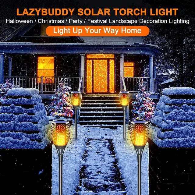 Alt view image 6 of 7 - Large Size Solar Torch Light with Flickering Flame, Realistic Fire Effect Garden Lights Outdoor, IP65 Waterproof Tiki Torches for Patio, Pathway, Auto On/Off - Landscape Lighting (8 Pack)