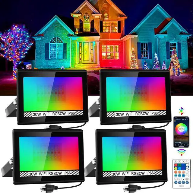 RGB LED Flood Light Outdoor 300W Equivalent, 30W Bluetooth RGBCW Smart Floodlights 2700K, 16 Million Color Changing, Timing, Music Sync, IP66 Waterprrof Landscape Lighting with US Plug (4 Pack)