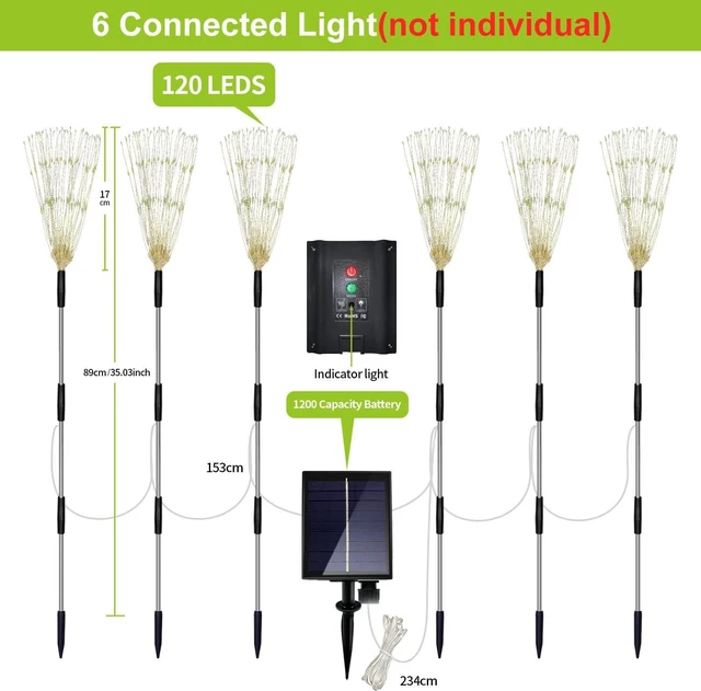 Alt view image 5 of 7 - 6 Pack Solar Garden Lights, Firework Lights, Decorative, 8 Lighting Modes with Remote 120 LED Twinkling Waterproof Landscape Outdoor Decor, for Pathway Backyard Walkway Patio(Colorful)