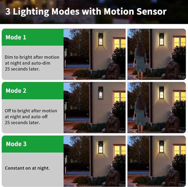 Alt view image 2 of 7 - 2 Pack Outdoor Solar Wall Light Fixtures With Dusk To Dawn Sensor,Large Size Black Outdoor Wall Lights with 3Lighting Modes,Exterior Waterproof Solar Wall Sconce Light for Outside,Garage(Black-2P)