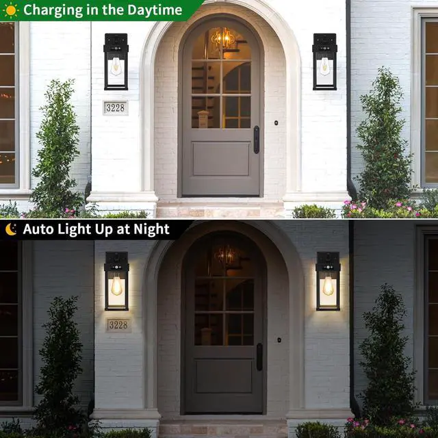Alt view image 3 of 7 - 2 Pack Outdoor Solar Wall Light Fixtures With Dusk To Dawn Sensor,Large Size Black Outdoor Wall Lights with 3Lighting Modes,Exterior Waterproof Solar Wall Sconce Light for Outside,Garage(Black-2P)